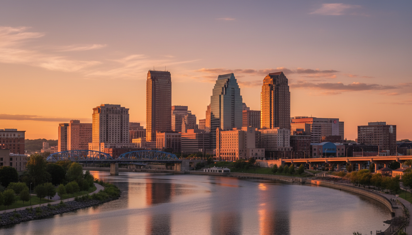 Editorial skyline image of Grand Rapids at golden hour